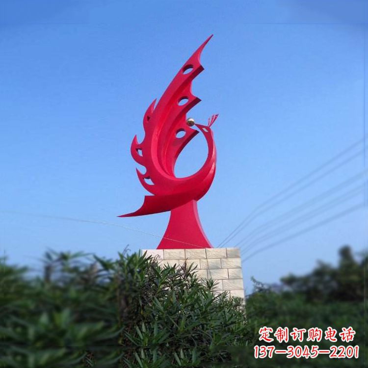 郑州大象红色凤凰不锈钢雕塑-城市动物标识景观雕塑