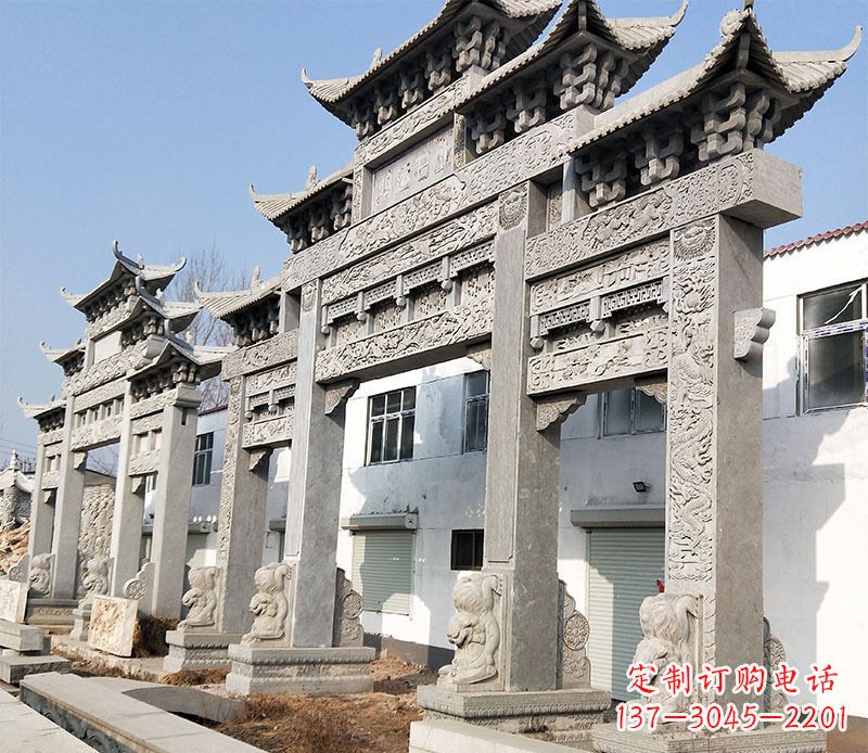 郑州大型五门仿古牌坊石雕 (2)