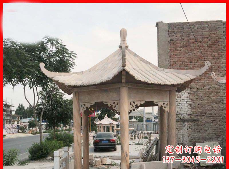 郑州公园晚霞红六角石凉亭雕塑
