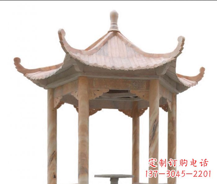 郑州美丽而优雅的公园晚霞红六角石凉亭雕塑
