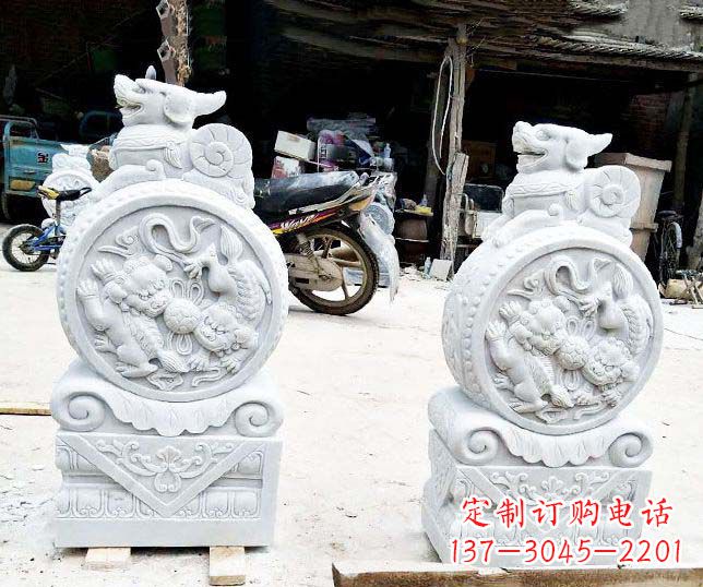 郑州汉白玉抱鼓石招财石门墩石雕