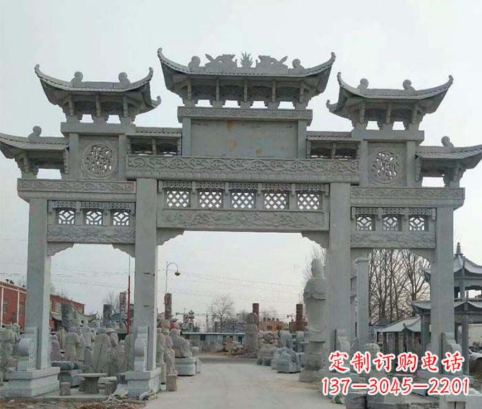郑州三门牌坊石雕,精美汉风石雕装饰景区