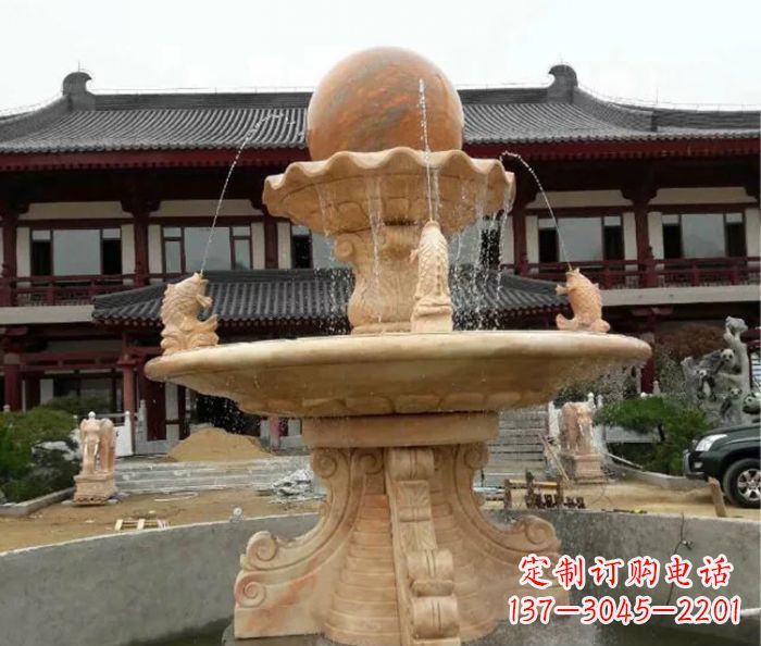 郑州双层风水球喷泉晚霞红石雕