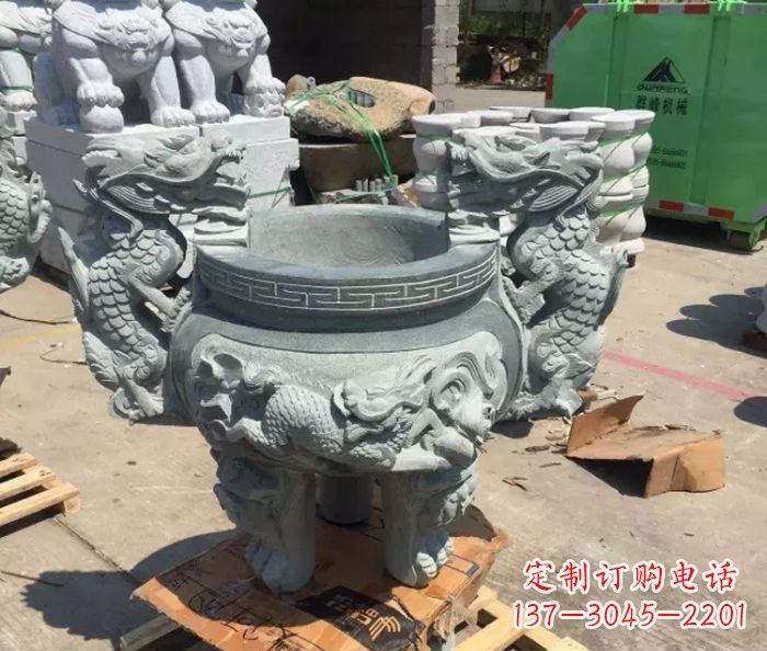 郑州寺庙景观青石龙头香炉石雕 (2)