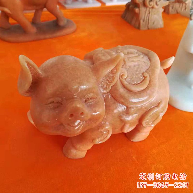 郑州晚霞红大理石招财猪雕塑-企业商场创意生肖动物风水摆件