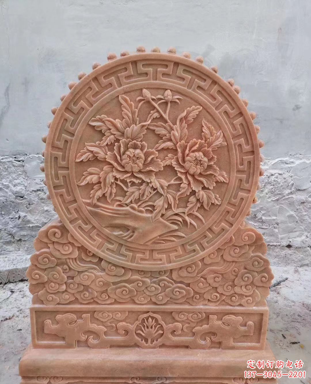 郑州晚霞红牡丹花浮雕石门墩
