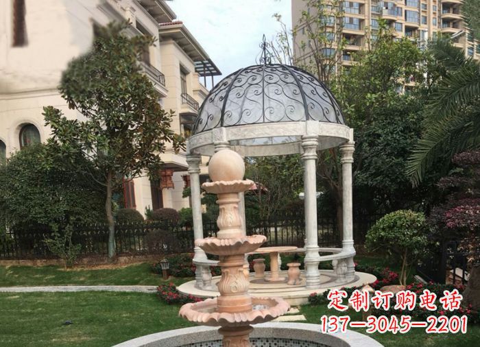 郑州晚霞红三层风水球喷泉小区石雕