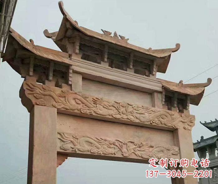郑州晚霞红石雕单门牌坊