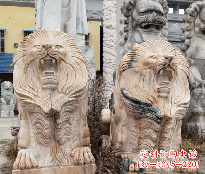 郑州晚霞红石雕欧式石狮子