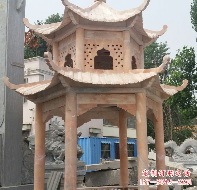 郑州晚霞红双层六角凉亭石雕 (2)