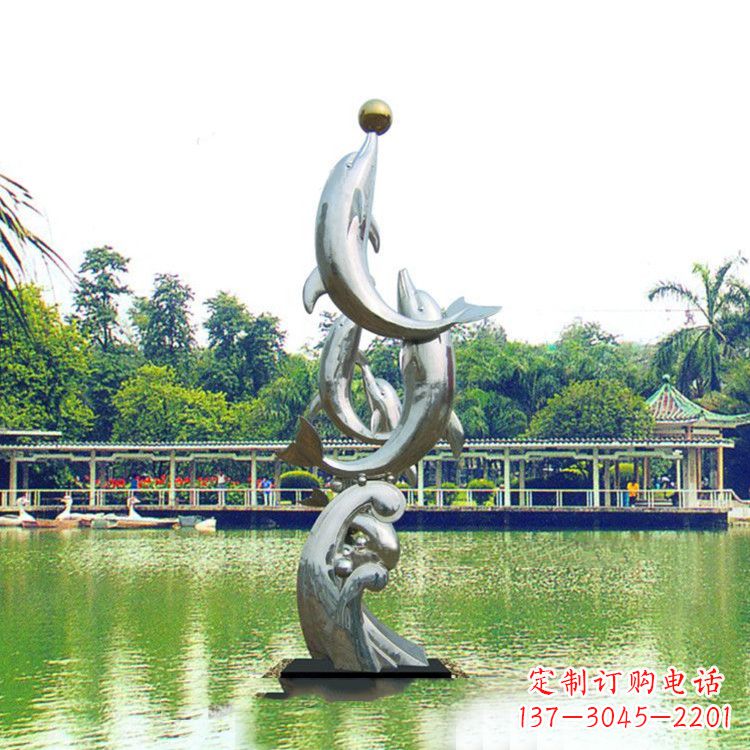郑州戏球不锈钢海豚雕塑-园林水景动物景观