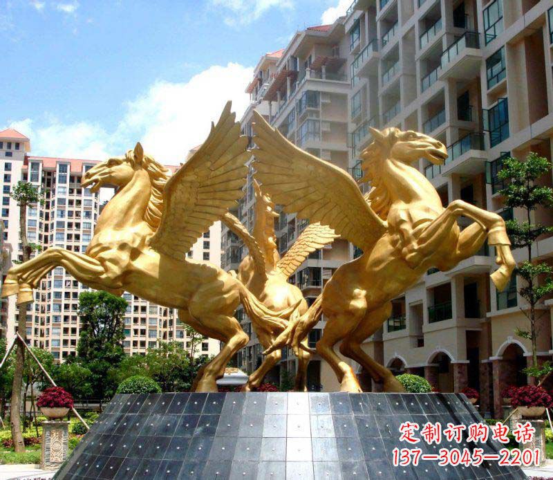 郑州小区飞马三匹马景观铜雕