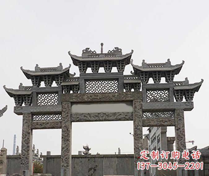 郑州园林仿古三门牌坊石雕 (4)