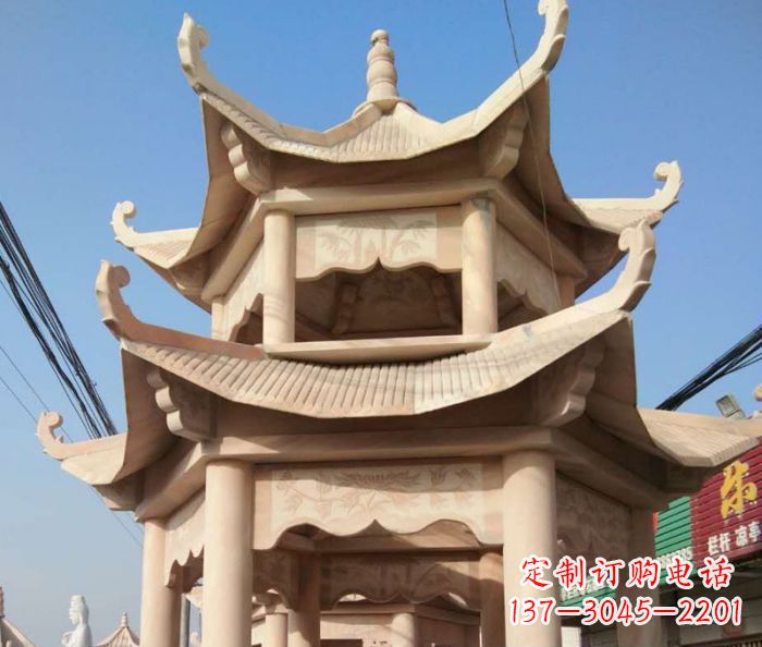 郑州园林景观晚霞红双层石雕凉亭 (2)