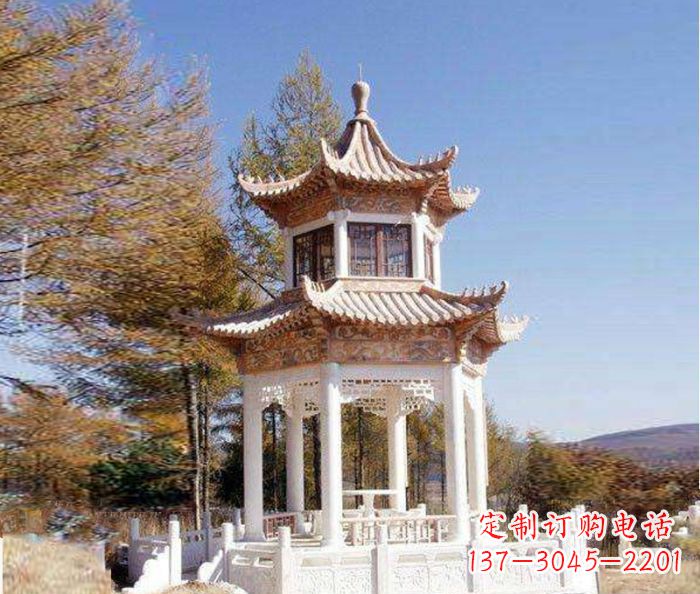 郑州园林景观晚霞红双层石雕凉亭 (3)