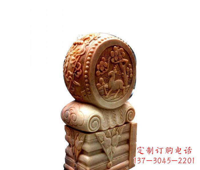 郑州招财石门墩晚霞红抱鼓石